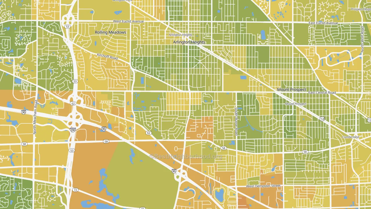 Map of the best neighborhoods in the 60005 area, with better matches in green and worse matches in red