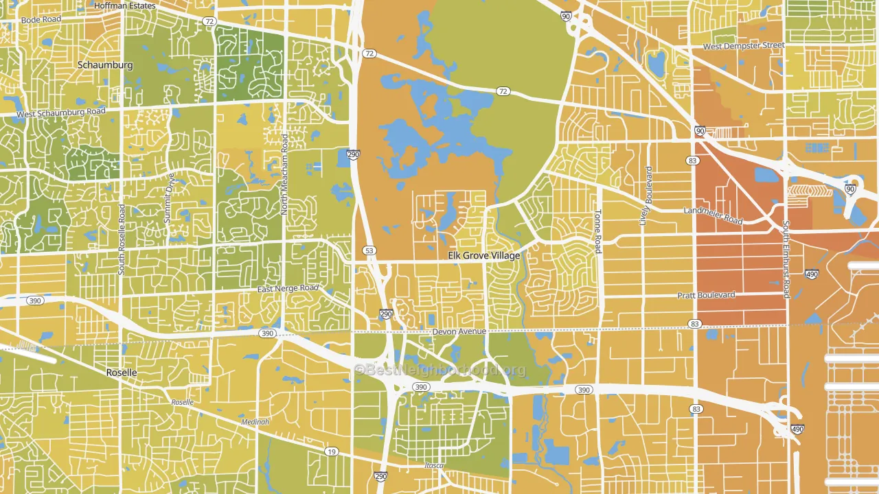 Map of the best neighborhoods in the 60007 area, with better matches in green and worse matches in red