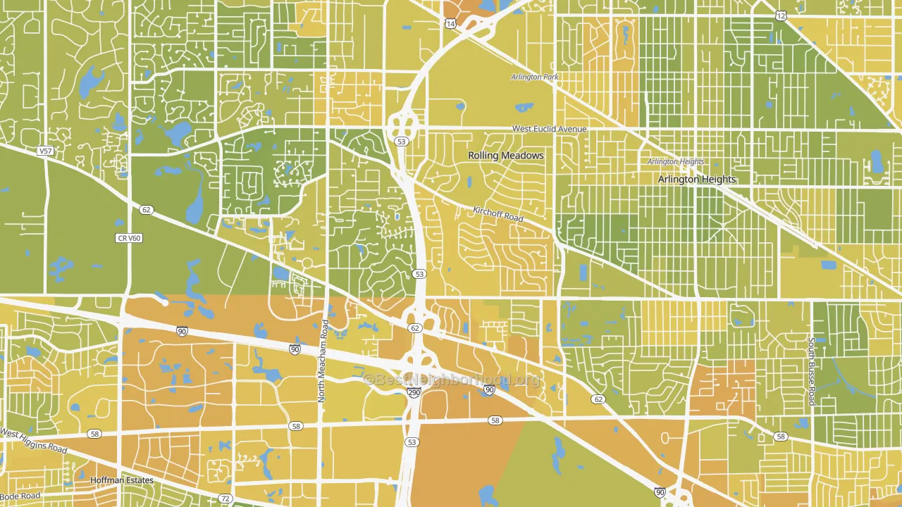Map of the best neighborhoods in the 60008 area, with better matches in green and worse matches in red