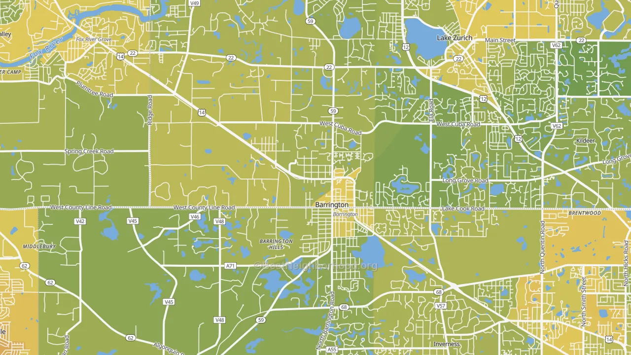 Map of the best neighborhoods in the 60010 area, with better matches in green and worse matches in red