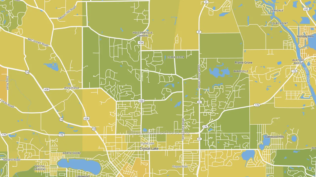 Map of the best neighborhoods in the 60012 area, with better matches in green and worse matches in red