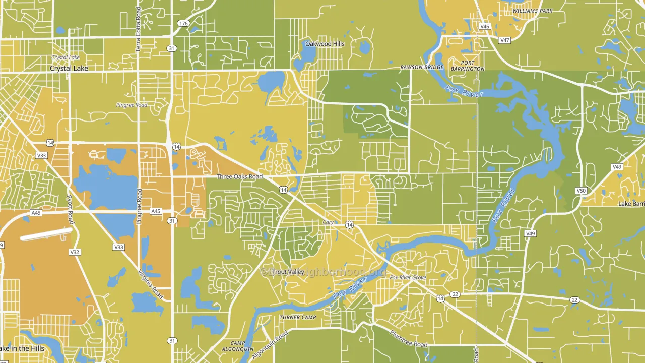 Map of the best neighborhoods in the 60013 area, with better matches in green and worse matches in red
