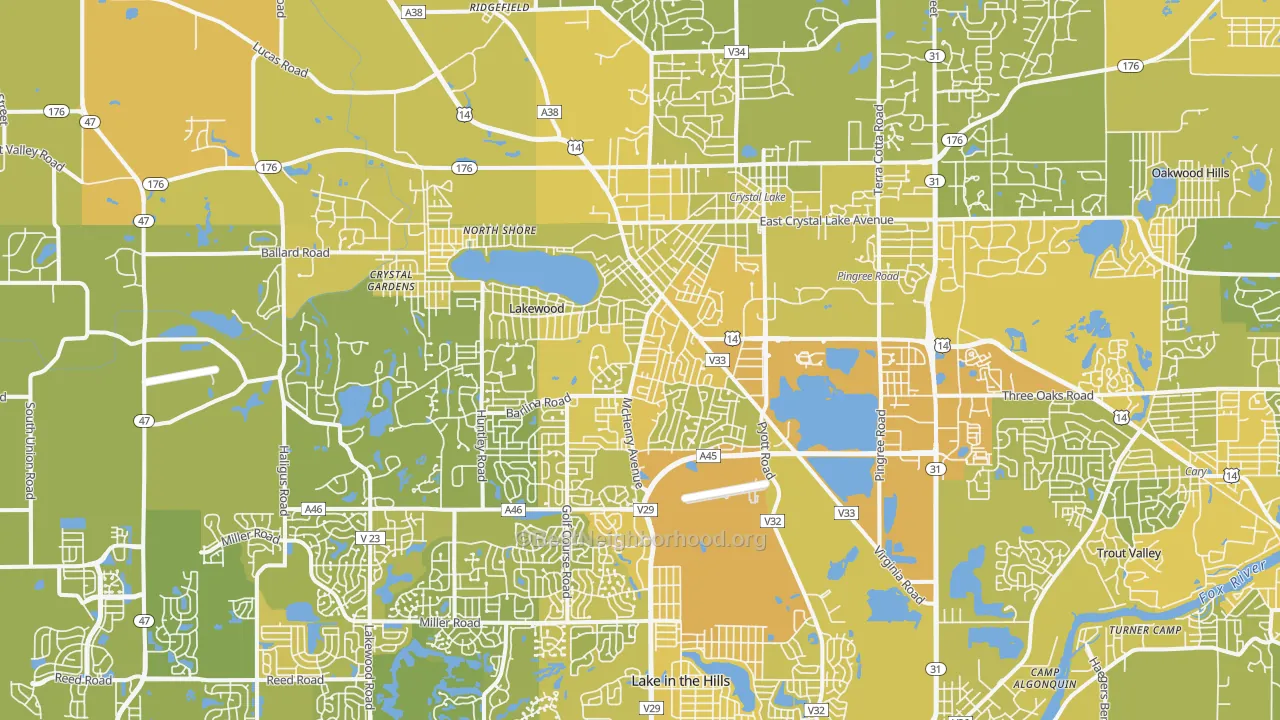 Map of the best neighborhoods in the 60014 area, with better matches in green and worse matches in red