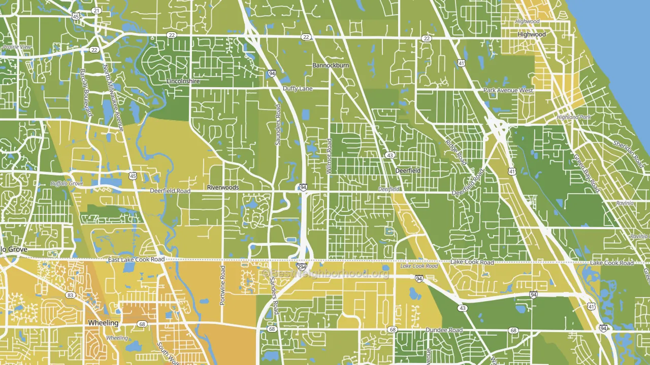 Map of the best neighborhoods in the 60015 area, with better matches in green and worse matches in red