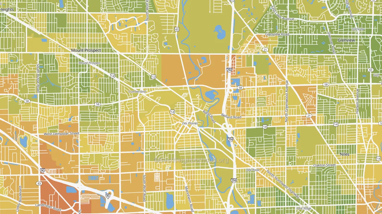 Map of the best neighborhoods in the 60016 area, with better matches in green and worse matches in red