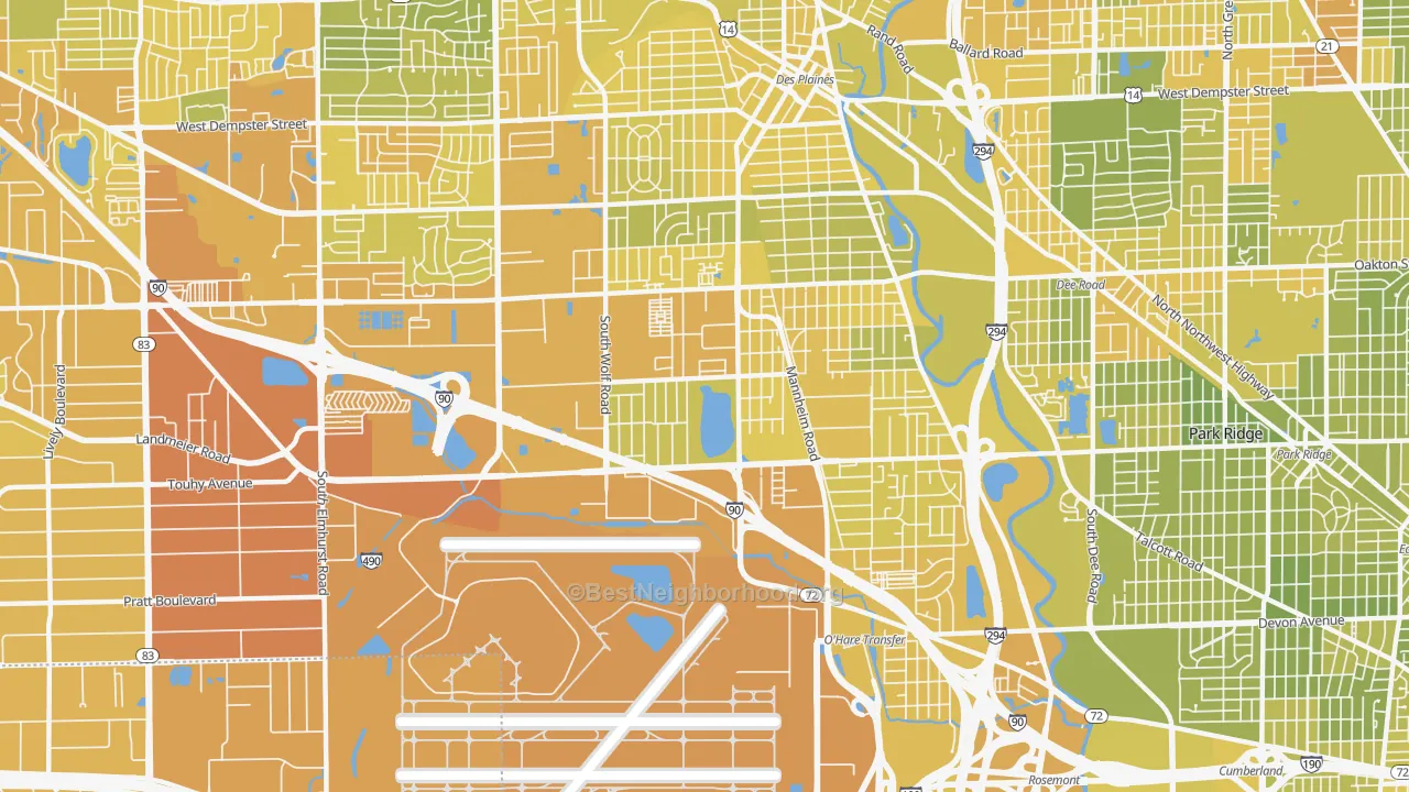 Map of the best neighborhoods in the 60018 area, with better matches in green and worse matches in red