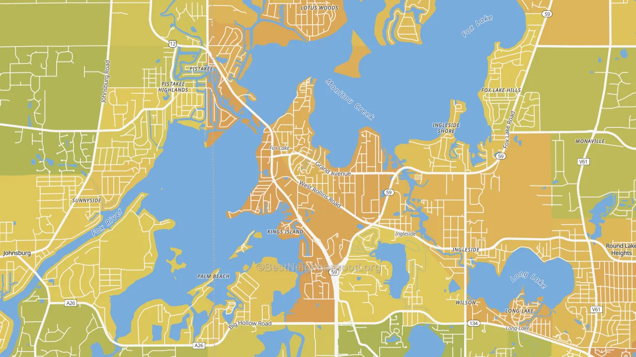 Map of the best neighborhoods in the 60020 area, with better matches in green and worse matches in red