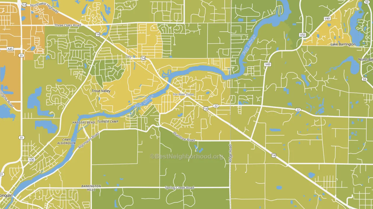 Map of the best neighborhoods in the 60021 area, with better matches in green and worse matches in red