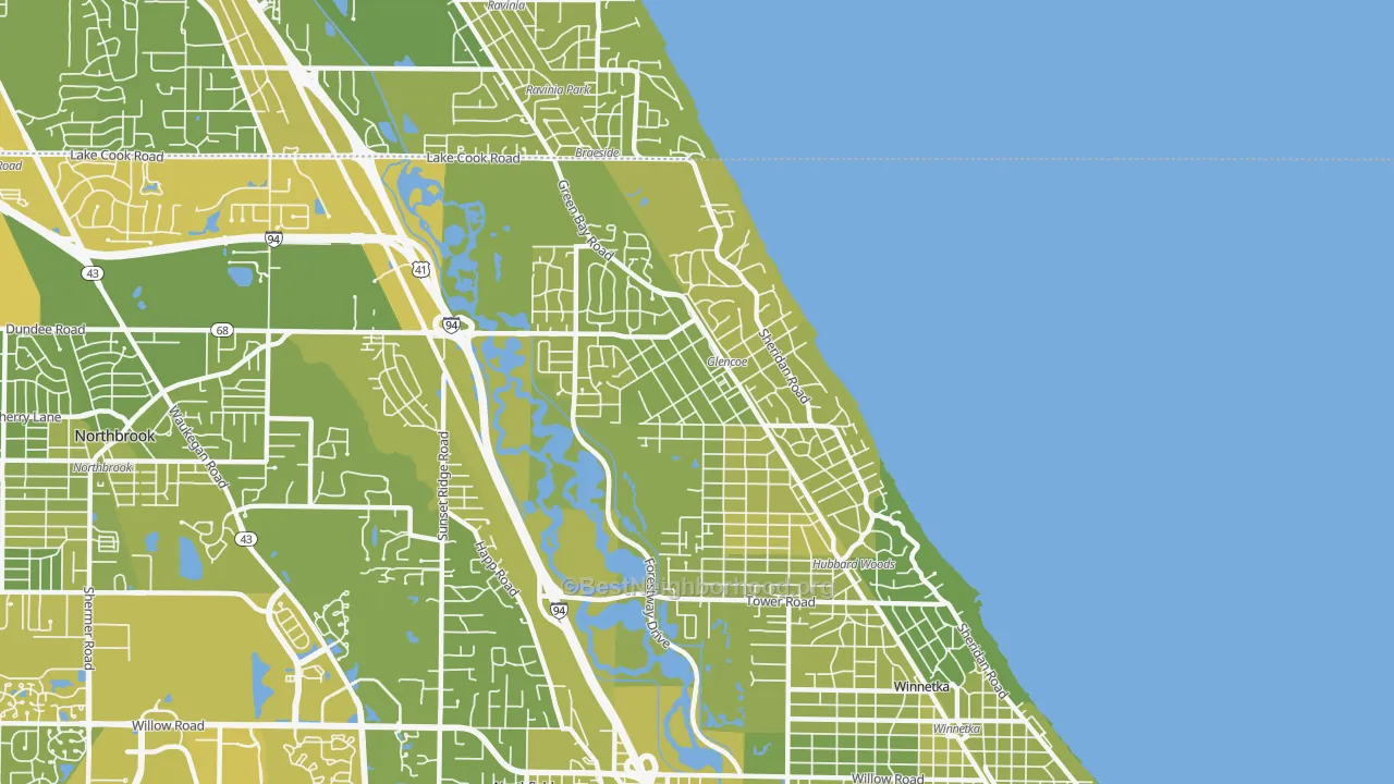 Map of the best neighborhoods in the 60022 area, with better matches in green and worse matches in red