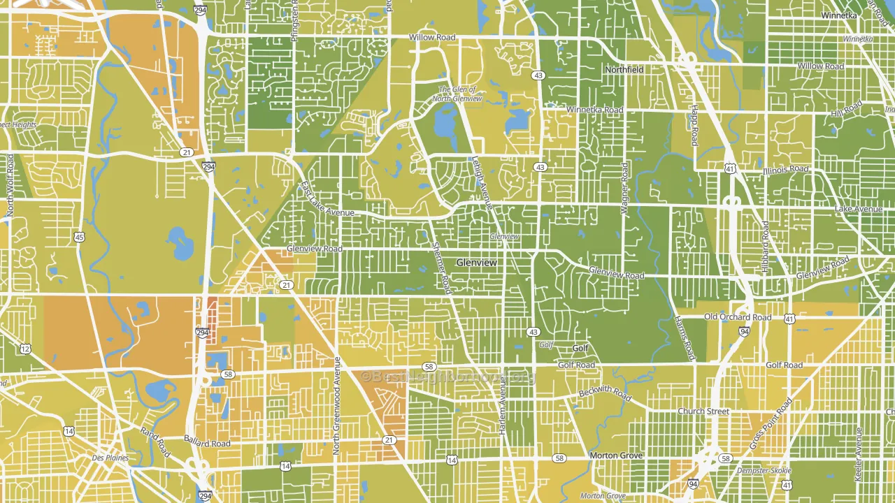 Map of the best neighborhoods in the 60025 area, with better matches in green and worse matches in red
