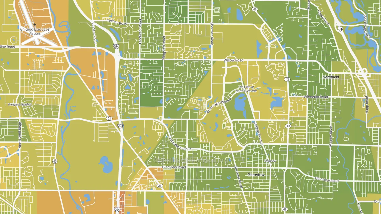 Map of the best neighborhoods in the 60026 area, with better matches in green and worse matches in red