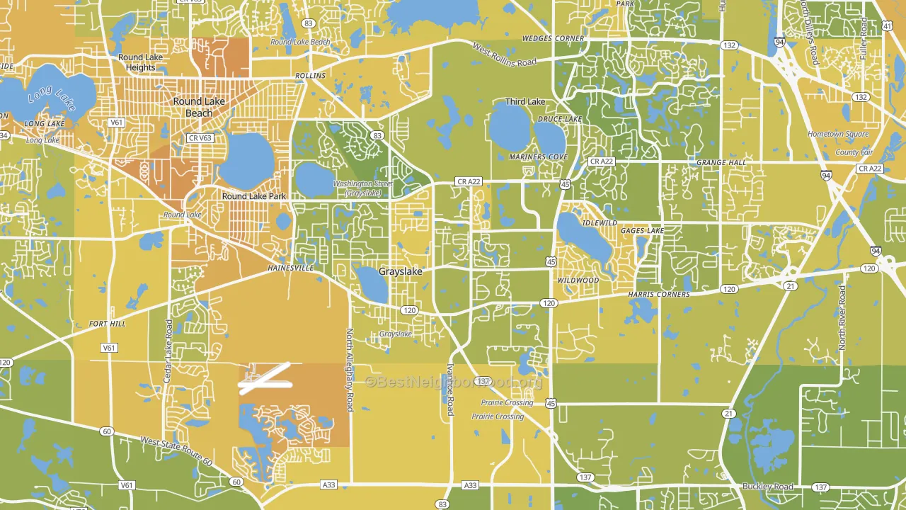 Map of the best neighborhoods in the 60030 area, with better matches in green and worse matches in red