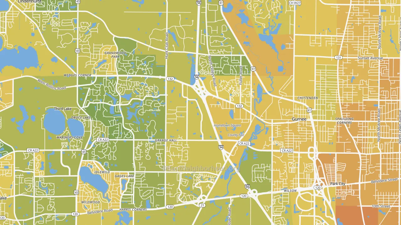 Map of the best neighborhoods in the 60031 area, with better matches in green and worse matches in red