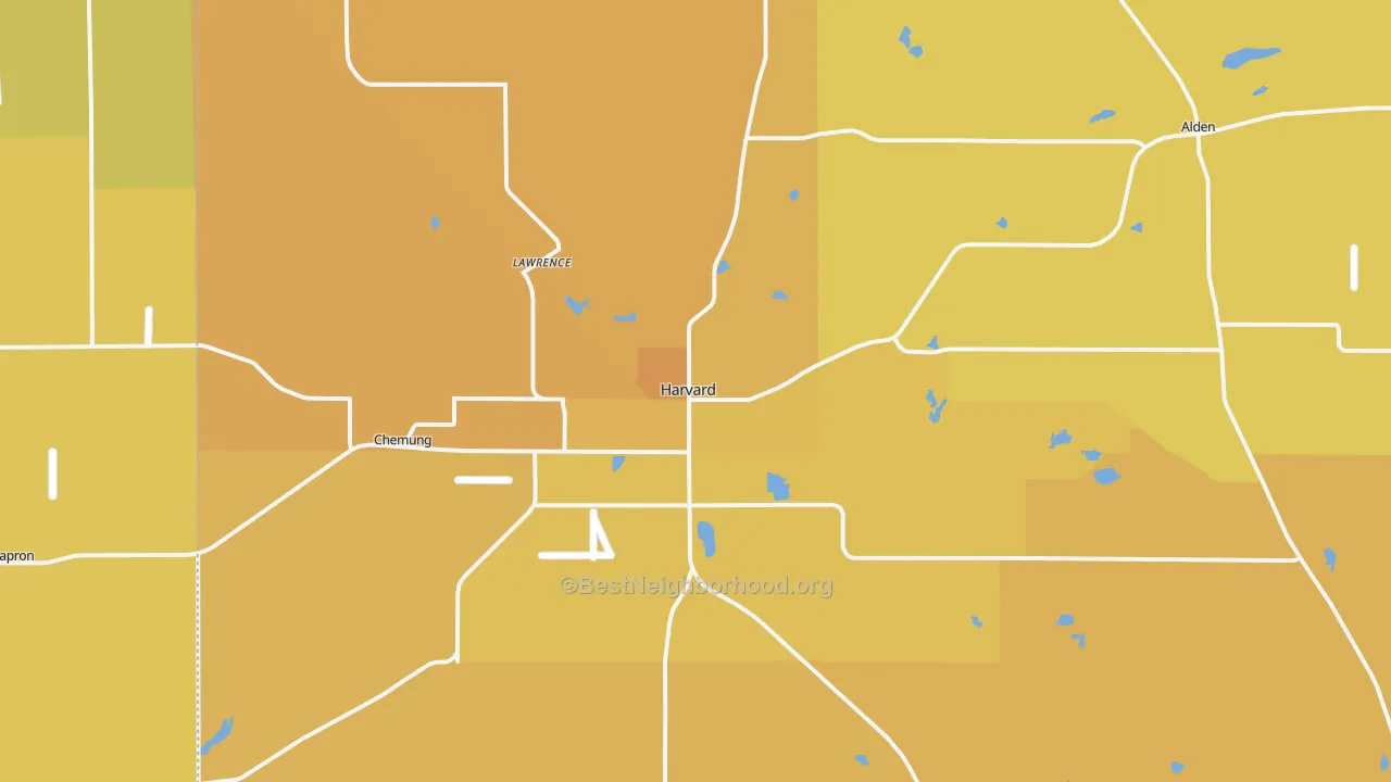 Map of the best neighborhoods in the 60033 area, with better matches in green and worse matches in red