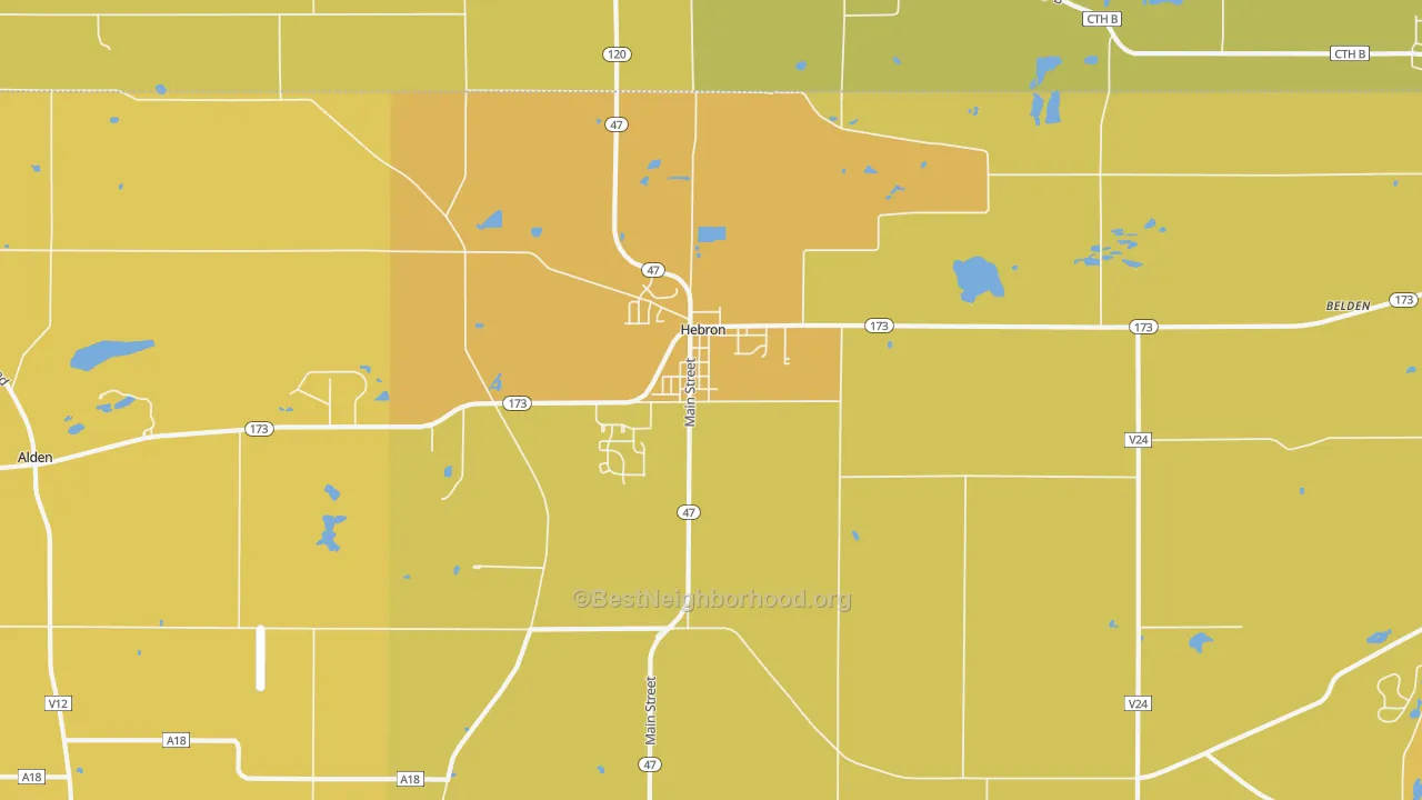 Map of the best neighborhoods in the 60034 area, with better matches in green and worse matches in red