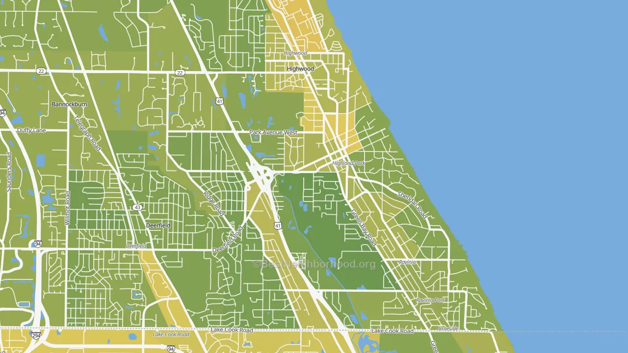 Map of the best neighborhoods in the 60035 area, with better matches in green and worse matches in red