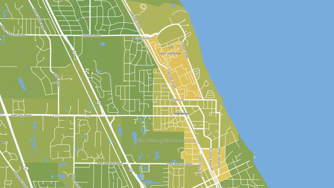 Map of the best neighborhoods in the 60040 area, with better matches in green and worse matches in red