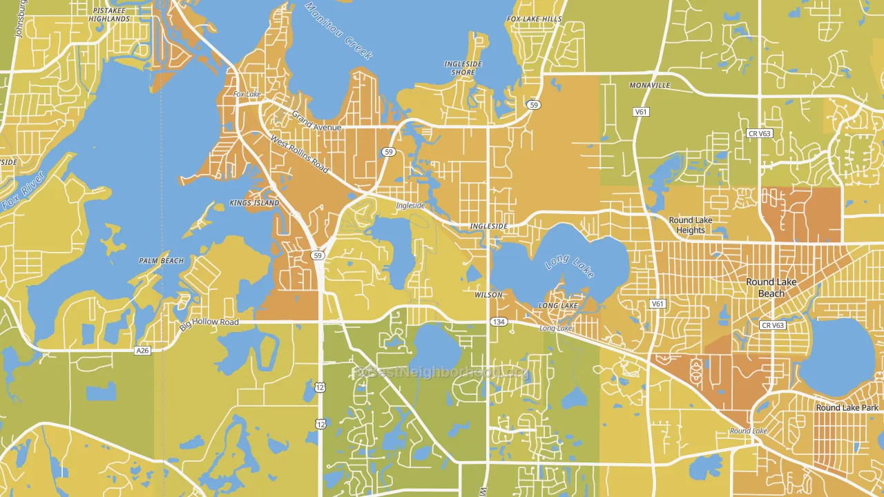 Map of the best neighborhoods in the 60041 area, with better matches in green and worse matches in red