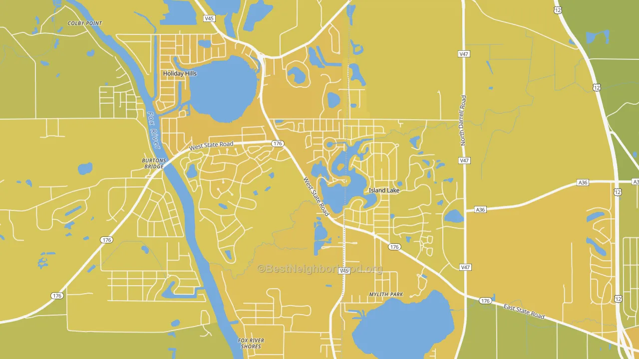 Map of the best neighborhoods in the 60042 area, with better matches in green and worse matches in red