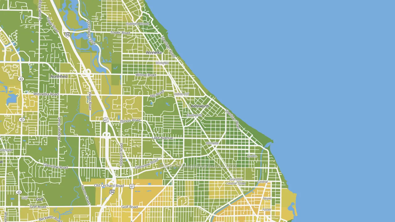 Map of the best neighborhoods in the 60043 area, with better matches in green and worse matches in red