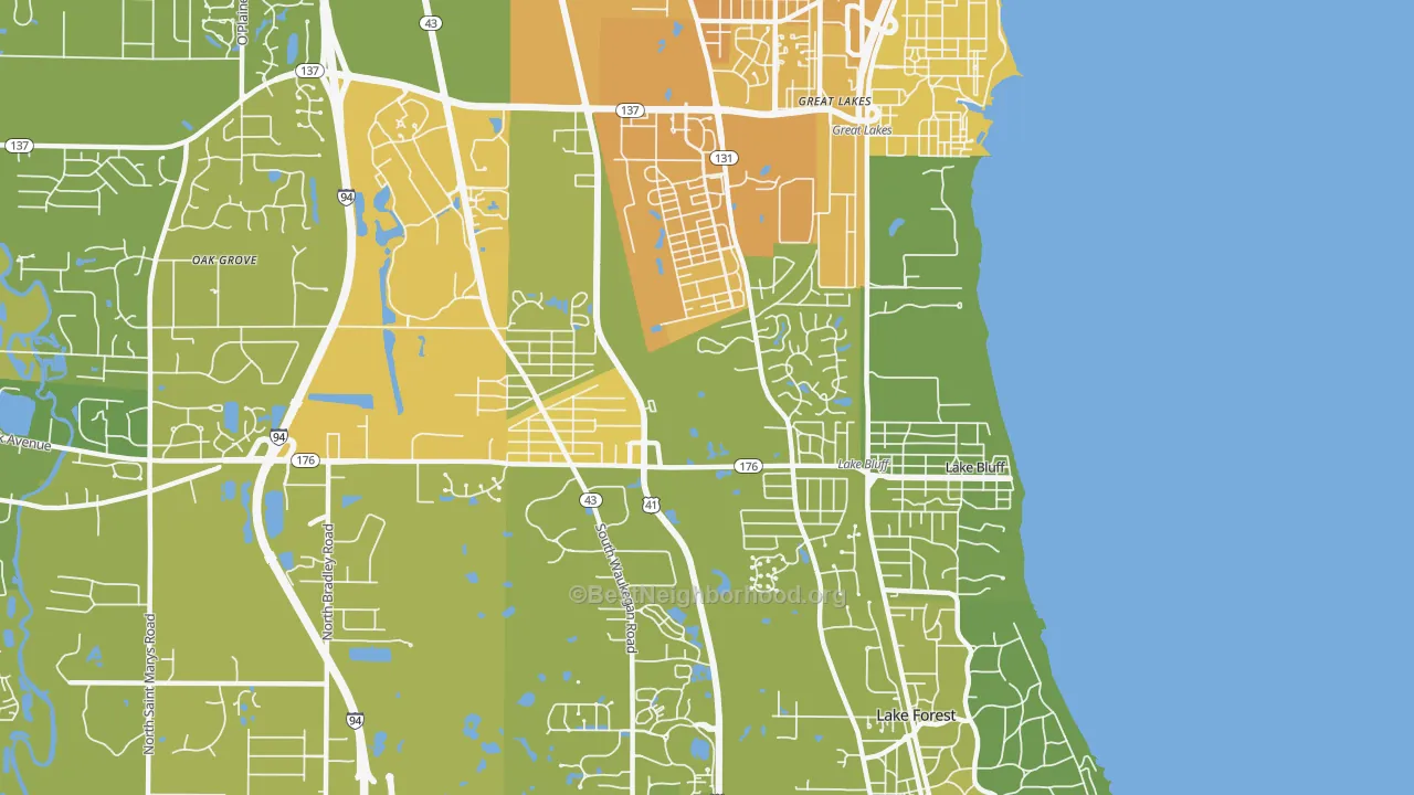 Map of the best neighborhoods in the 60044 area, with better matches in green and worse matches in red
