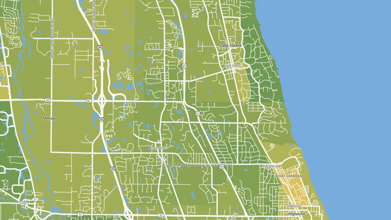 Map of the best neighborhoods in the 60045 area, with better matches in green and worse matches in red