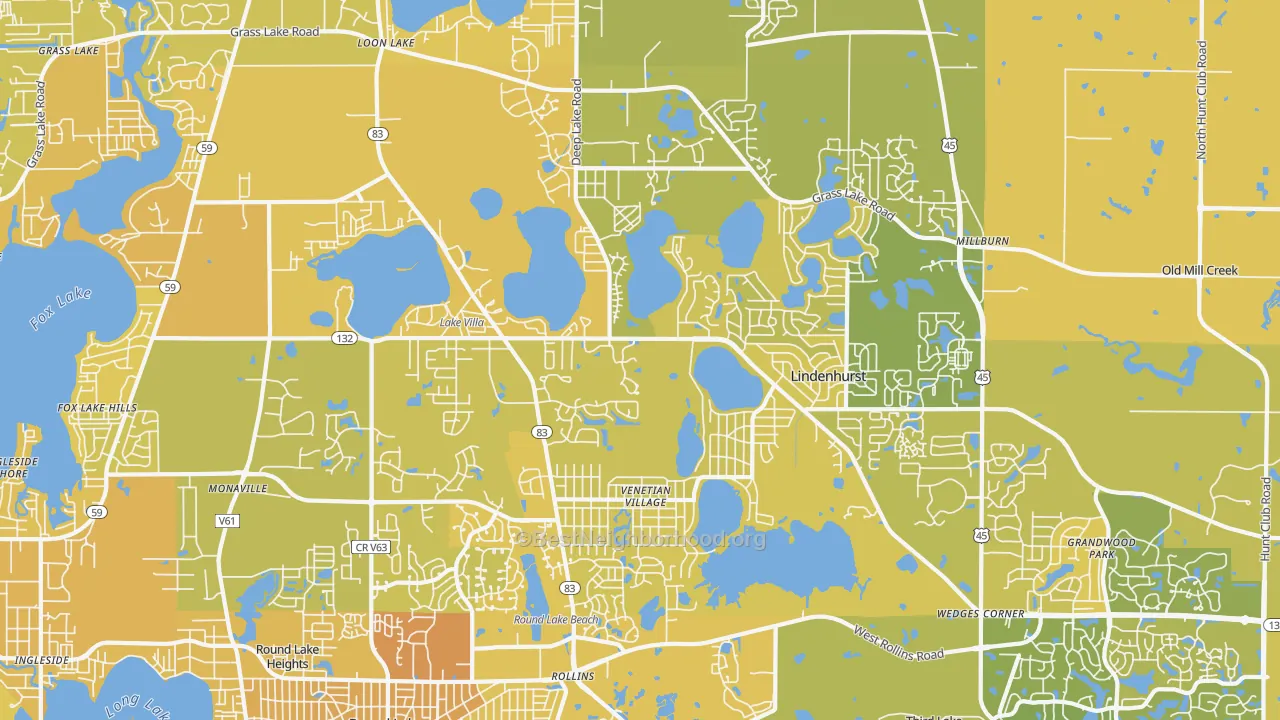 Map of the best neighborhoods in the 60046 area, with better matches in green and worse matches in red
