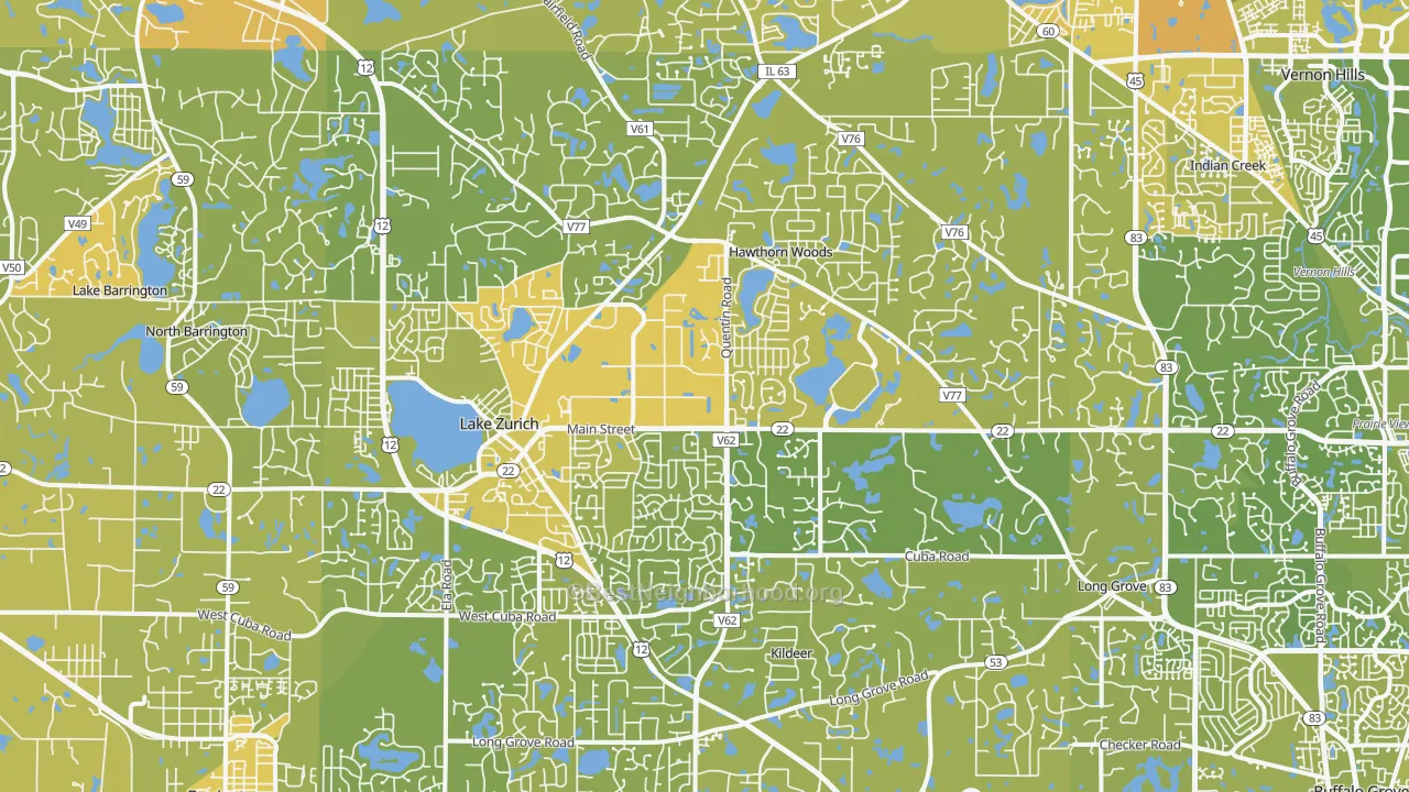 Map of the best neighborhoods in the 60047 area, with better matches in green and worse matches in red