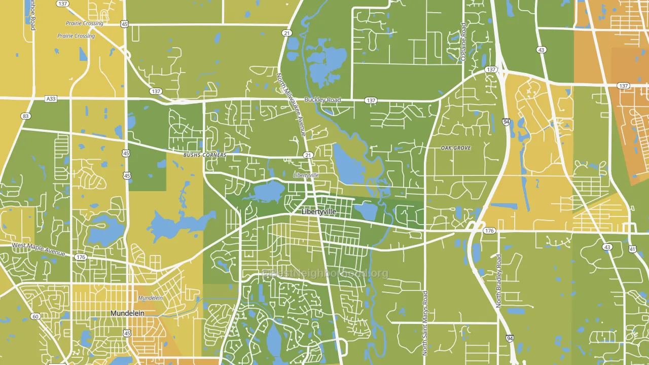 Map of the best neighborhoods in the 60048 area, with better matches in green and worse matches in red