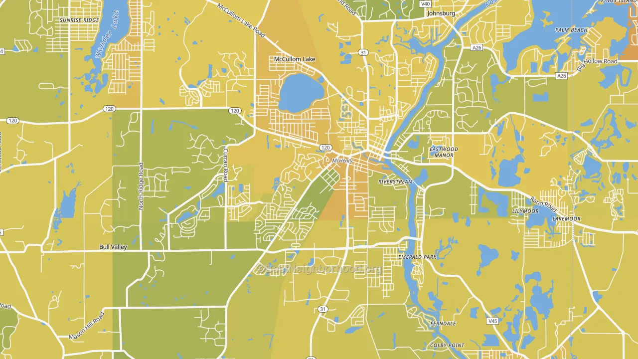 Map of the best neighborhoods in the 60050 area, with better matches in green and worse matches in red