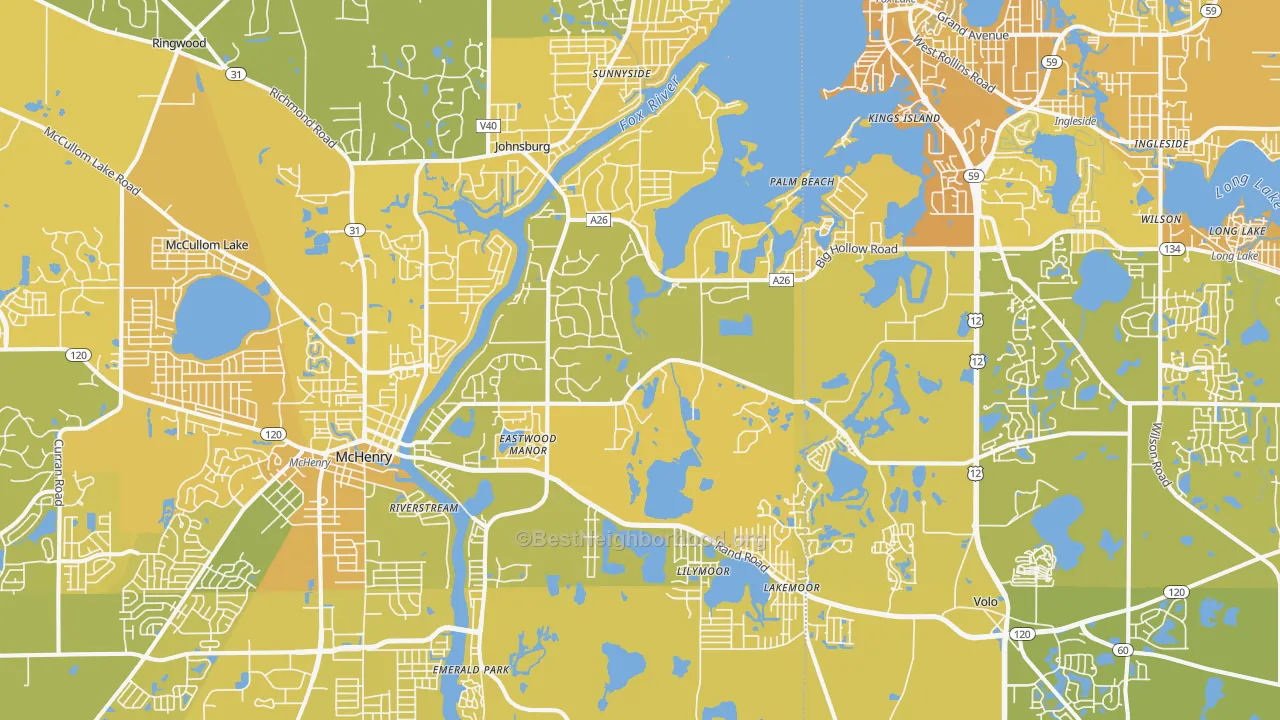 Map of the best neighborhoods in the 60051 area, with better matches in green and worse matches in red