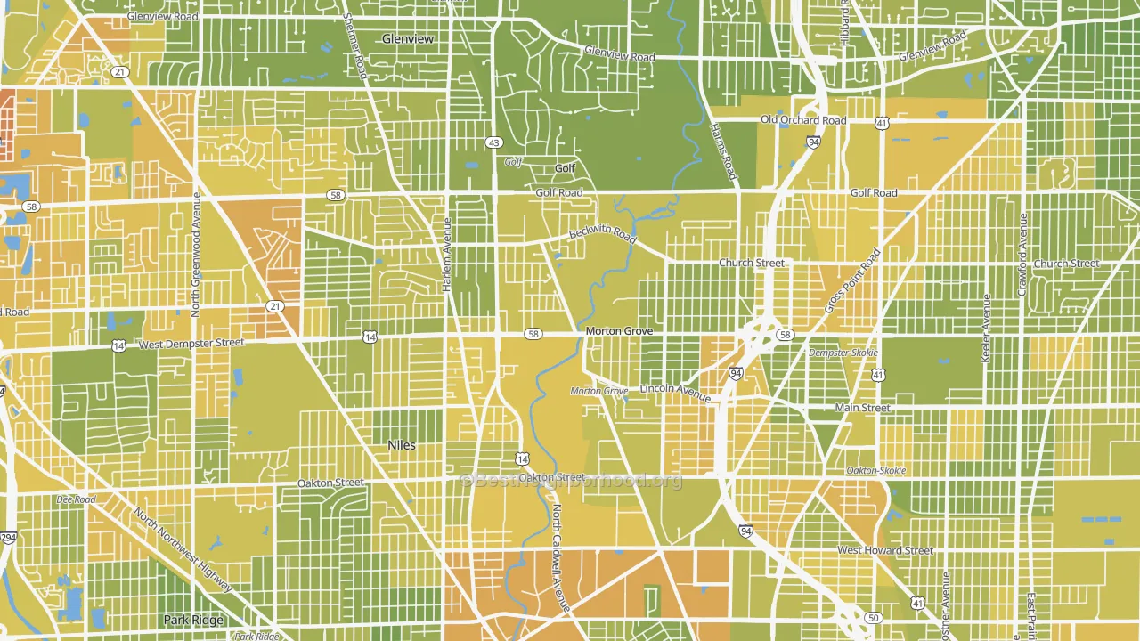 Map of the best neighborhoods in the 60053 area, with better matches in green and worse matches in red