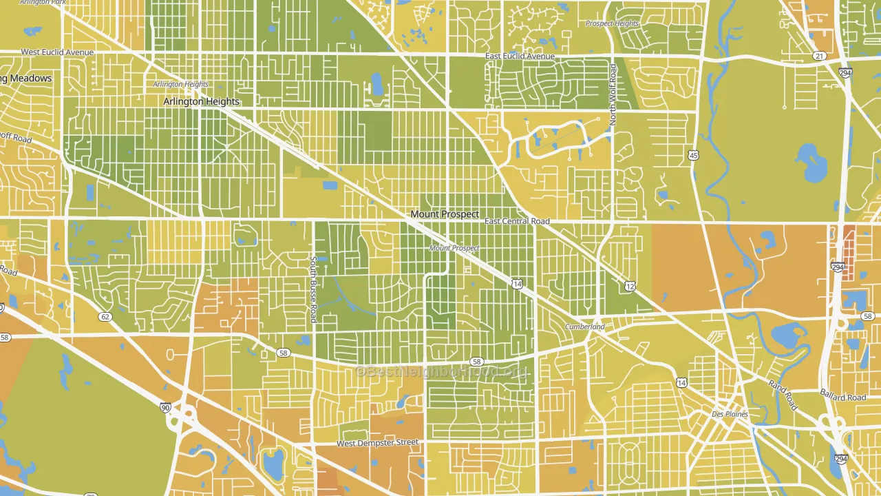 Map of the best neighborhoods in the 60056 area, with better matches in green and worse matches in red