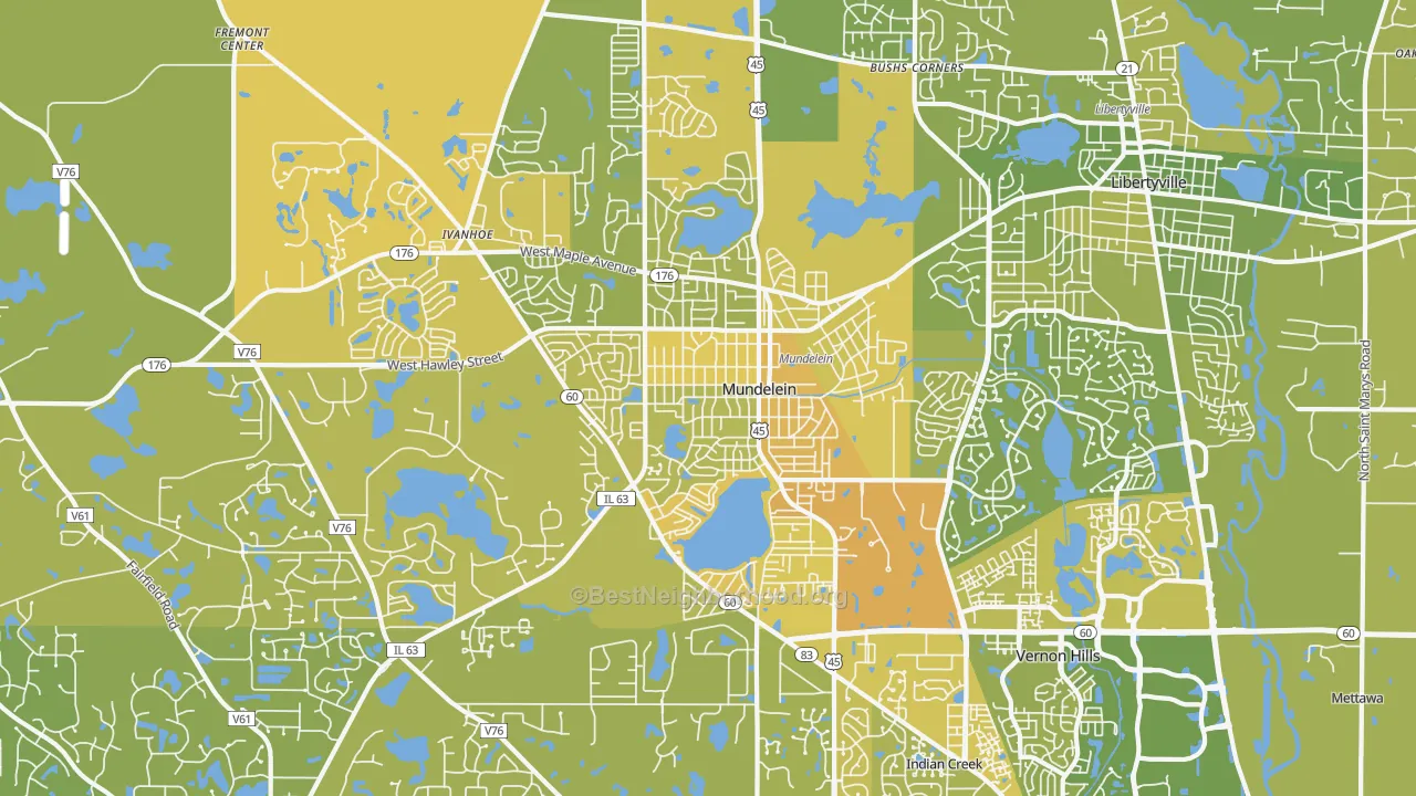 Map of the best neighborhoods in the 60060 area, with better matches in green and worse matches in red
