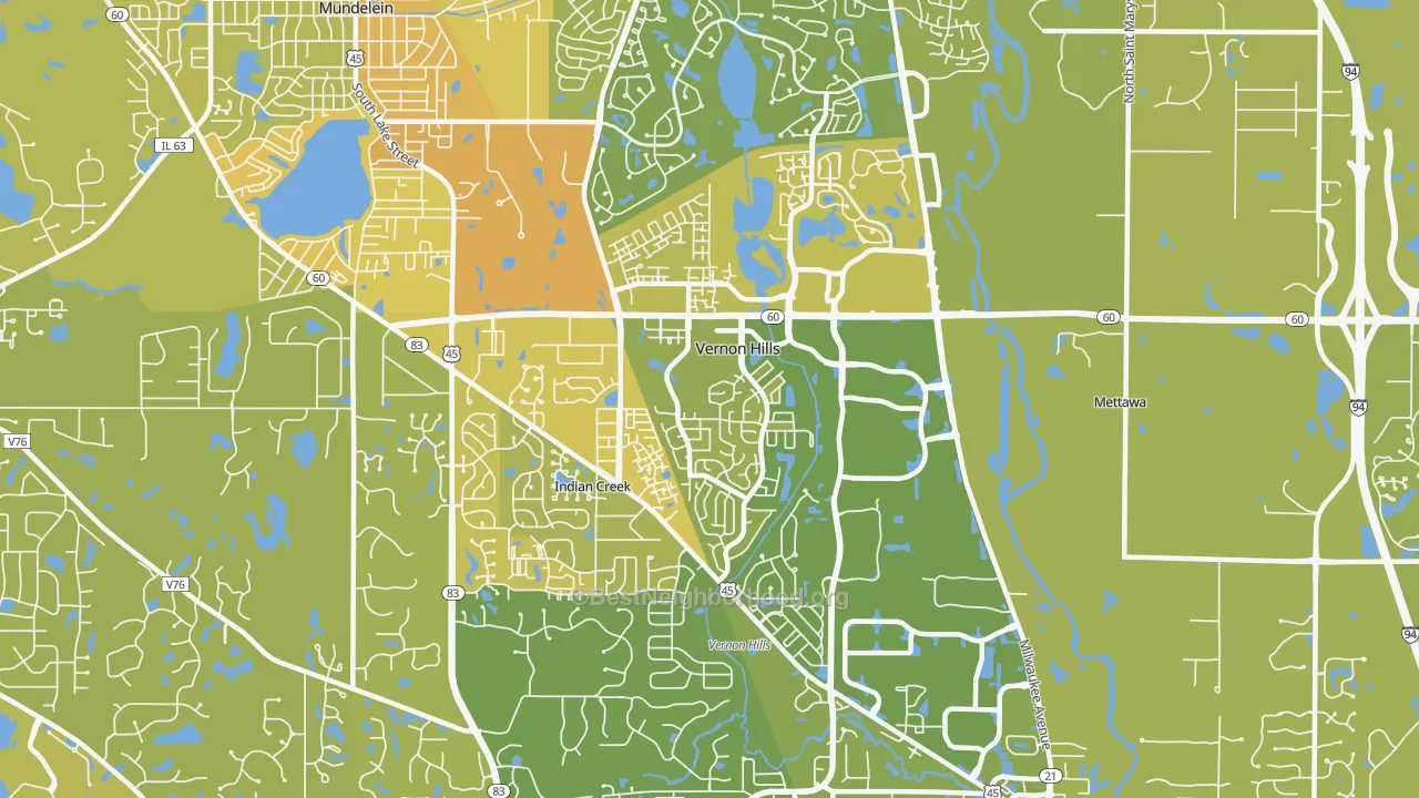 Map of the best neighborhoods in the 60061 area, with better matches in green and worse matches in red