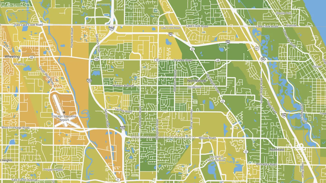 Map of the best neighborhoods in the 60062 area, with better matches in green and worse matches in red
