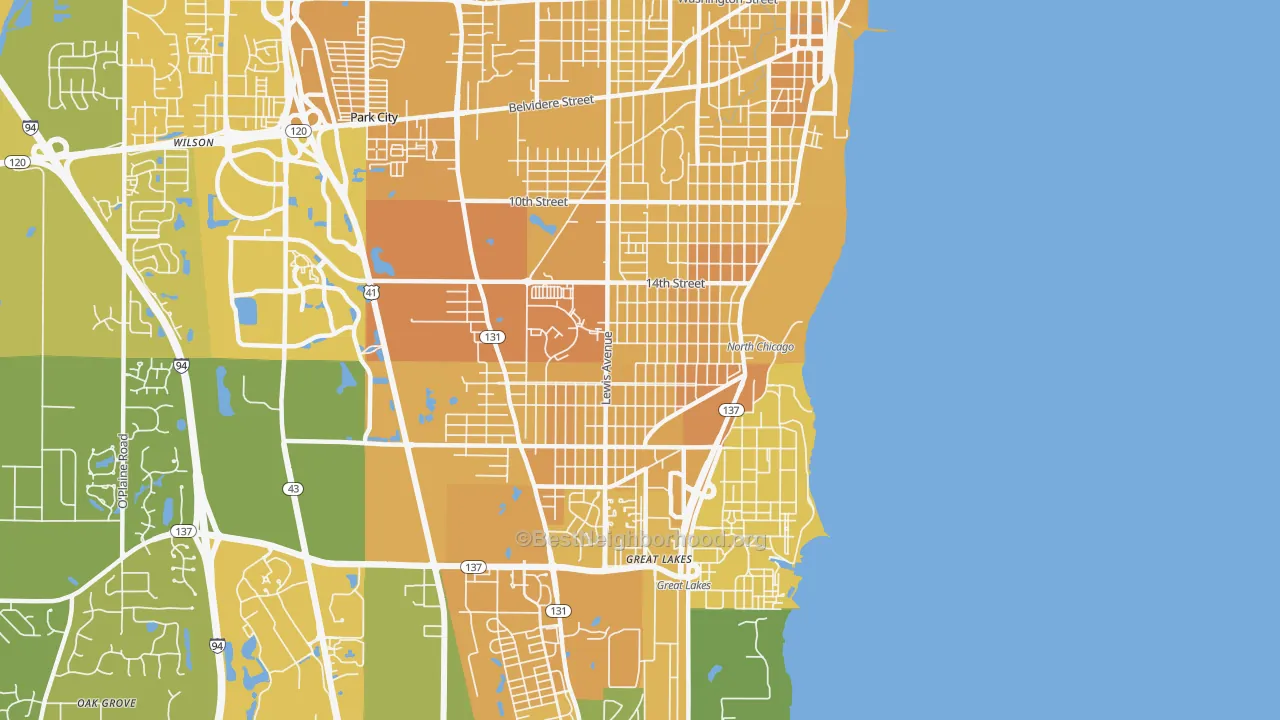Map of the best neighborhoods in the 60064 area, with better matches in green and worse matches in red