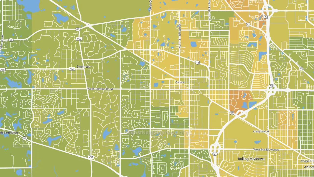 Map of the best neighborhoods in the 60067 area, with better matches in green and worse matches in red