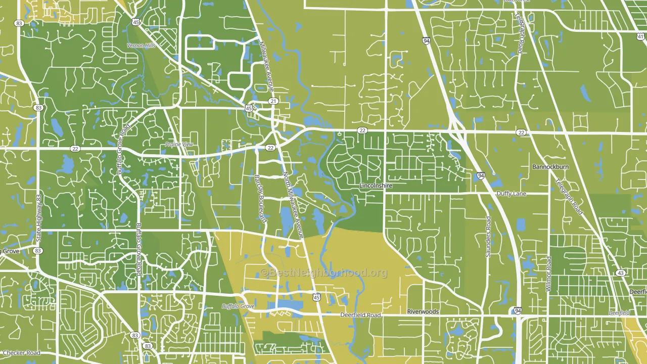 Map of the best neighborhoods in the 60069 area, with better matches in green and worse matches in red