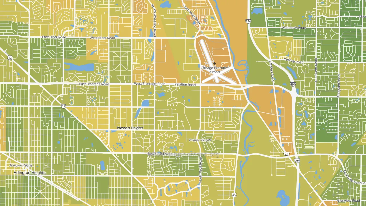 Map of the best neighborhoods in the 60070 area, with better matches in green and worse matches in red