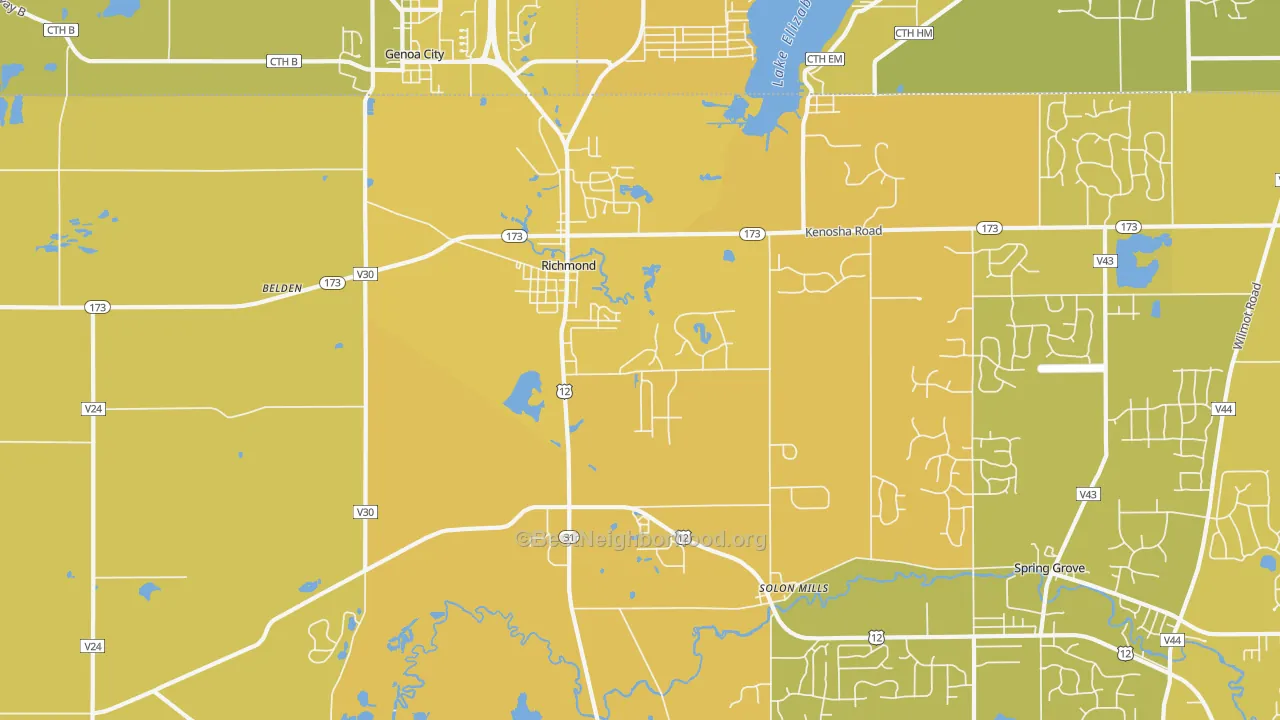 Map of the best neighborhoods in the 60071 area, with better matches in green and worse matches in red