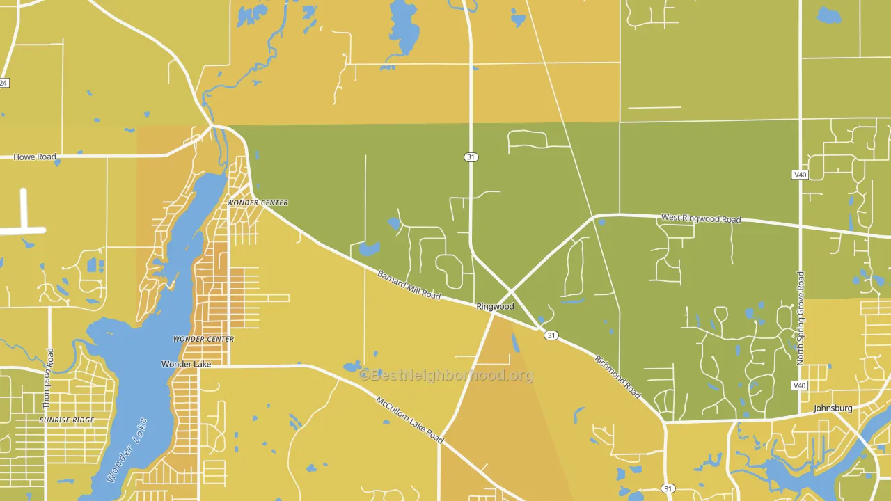 Map of the best neighborhoods in the 60072 area, with better matches in green and worse matches in red