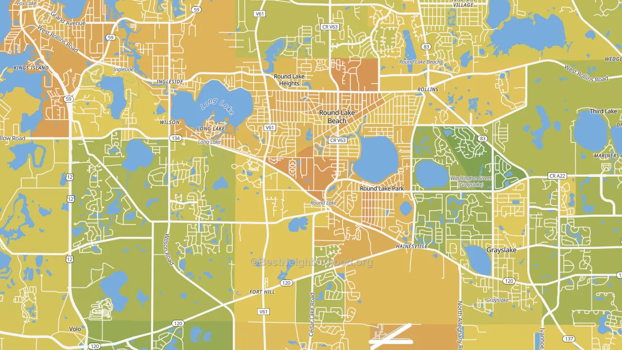 Map of the best neighborhoods in the 60073 area, with better matches in green and worse matches in red