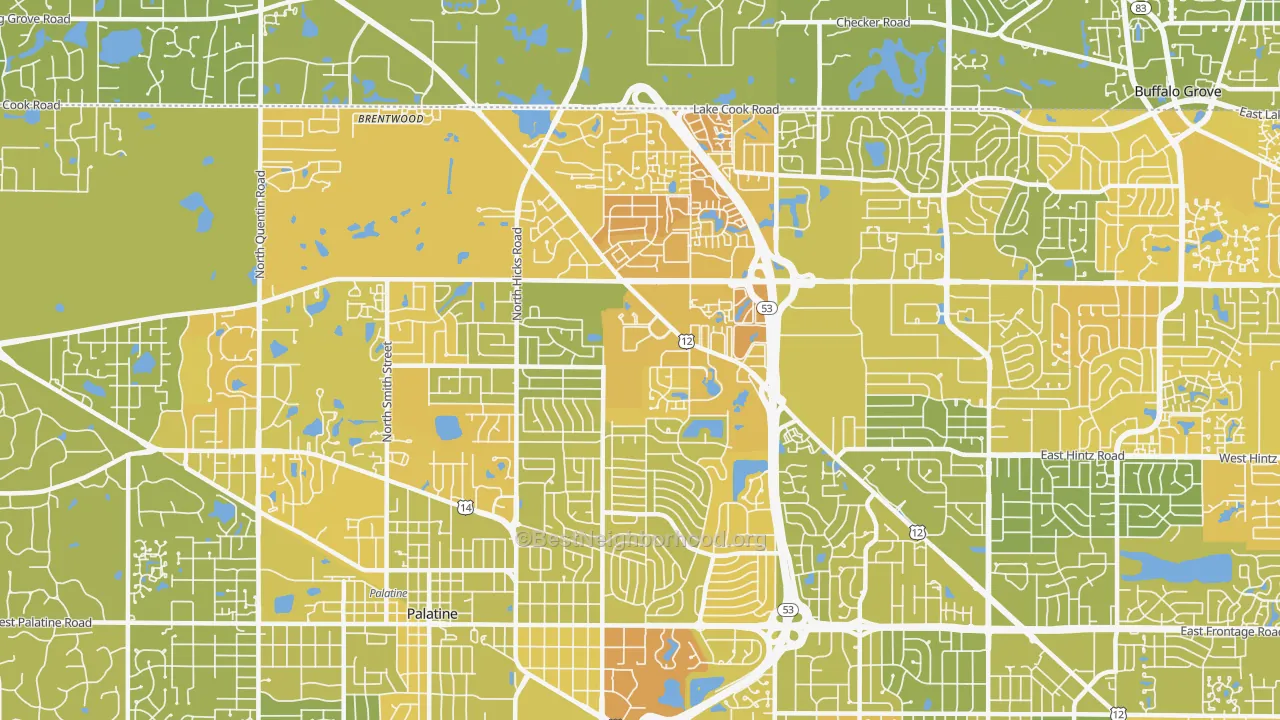 Map of the best neighborhoods in the 60074 area, with better matches in green and worse matches in red