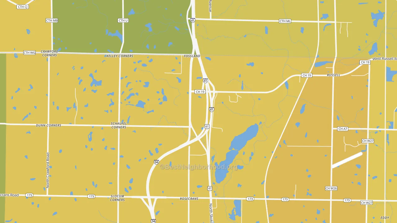 Map of the best neighborhoods in the 60075 area, with better matches in green and worse matches in red