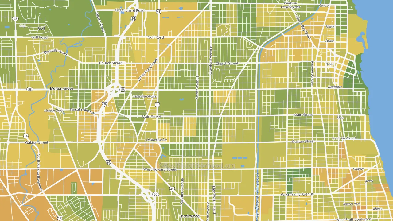 Map of the best neighborhoods in the 60076 area, with better matches in green and worse matches in red