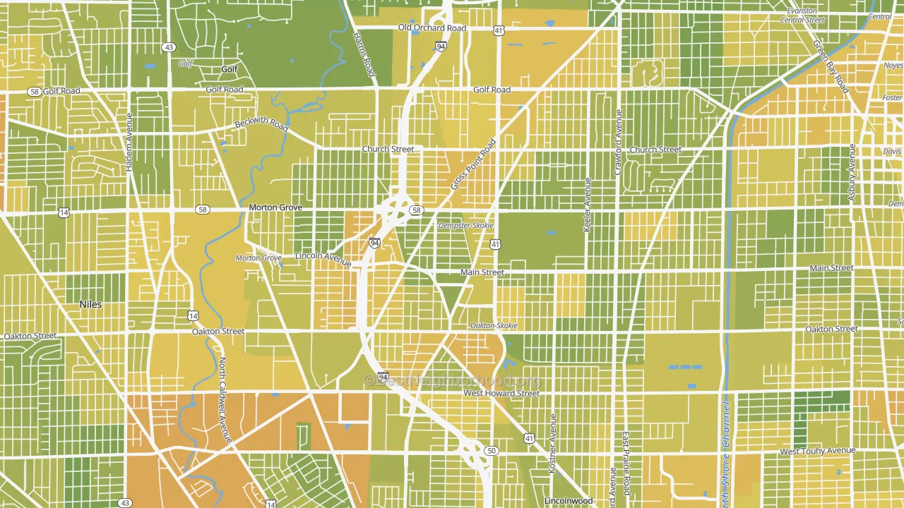 Map of the best neighborhoods in the 60077 area, with better matches in green and worse matches in red