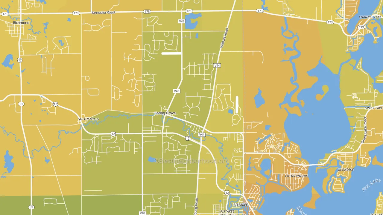 Map of the best neighborhoods in the 60081 area, with better matches in green and worse matches in red