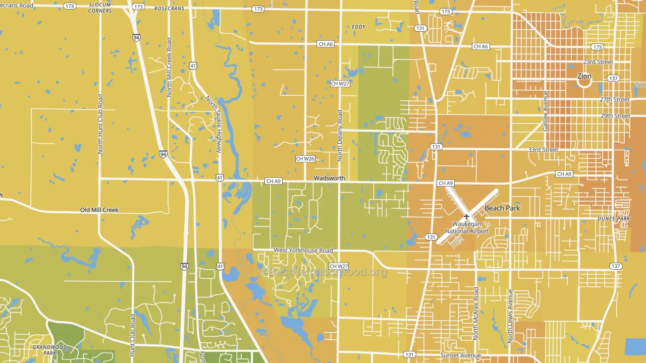 Map of the best neighborhoods in the 60083 area, with better matches in green and worse matches in red