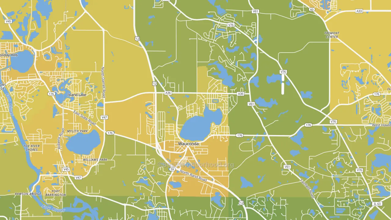 Map of the best neighborhoods in the 60084 area, with better matches in green and worse matches in red